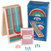 Brybelly Cribbage Board Game Set | Traditional Wooden Board Game, Classic 3-Track Layout And Plastic Pegs | Standard Deck Of Playing Cards | 15 In L, 3 1/2 In W, 1/2 In Thick, Folds To 7 1/12 In