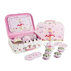 Lucy Locket 'Fairy Tale' Metal Tea Set & Carry Case Toy (14 Piece Pink Tea Set For Children)