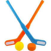 2 Pack: Kids Floor Hockey Stick Set - 28" Youth Indoor Outdoor Toys Sports Starter Set With Plastic Puck And Ball For Toddlers, Children Ages 3-7