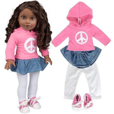 4Pc Pink Peace Sign Hoodie Doll Outfit - 18" Doll Clothes & Accessories Compatible W American Girl Dolls- Set Includes Skirt, Pink Sweatshirt, Leggings, & Pink Sneakers - Great Gift For Girls