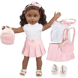 Dress Along Dolly 5Pc Casual School 18" Doll Outfit W Pink Backpack- American Clothes & Accessories Set Includes Shirt, Skirt, Shoes, Backpack, & Hairband- Perfect Girl Gift Set For Less