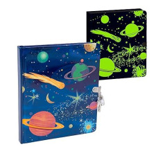 Peaceable Kingdom Deep Space Glow In The Dark 6.25" Lock And Key, Lined Page Diary For Kids