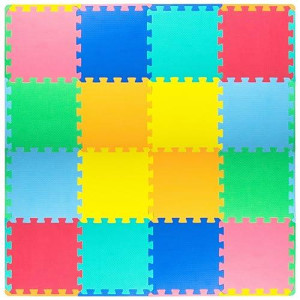 Prosource Foam Puzzle Floor Play Mat For Kids And Babies With Solid Colors, 36 Or 16 Interlocking Tiles With Borders, Assorted
