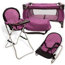 Mommy & Me 3 In 1 Baby Doll Accessories Mega Deluxe Playset With Doll High Chair, Doll Bouncer, And Doll Pack N Play Doll Crib, Fits 18 Inch American Girl Doll, Purple