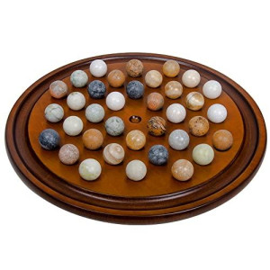 Mahogany Wooden Finish Authentic Handmade Solitaire Board Game Set with 36 Natural Marbles, for Ages 14 & up.