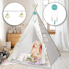 Orian Teepee Tent For Kids - A Fairytale Kids Teepee, Pompon Ball Design, With Led Star Lights, Dream Catcher - Strong Indoor Teepee For Toddlers 1-3, Kids Teepee Tent For Boys & Girls.