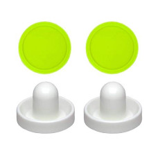 2 Commercial Hockey Fluorescent White Goalies With 2 Large Green Air Pucks