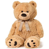 Joon Big Teddy Bear - Fluffy Fur, Ribbon & Bow Signature Footprints- Huggable & Lovable Joy - Ideal Gift For Baby Showers, Loved Ones - Perfect Big Cuddly Plush Toy Companion, 28 Inches, Tan