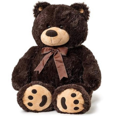 Joon Big Teddy Bear - Fluffy Fur, Ribbon & Bow Signature Footprints- Huggable & Lovable Joy, Ideal Gift For Baby Showers, Loved Ones, Perfect Big Cuddly Plush Toy Companion, 28 Inches, Dark Brown