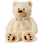Joon Big Teddy Bear - Fluffy Fur, Ribbon & Bow Signature Footprints- Huggable & Lovable Joy - Ideal Gift For Baby Showers, Loved Ones - Perfect Big Cuddly Plush Toy Companion, 28 Inches, Cream