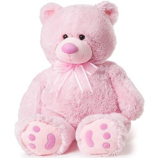 Joon Big Teddy Bear - Fluffy Fur, Ribbon & Bow Signature Footprints- Huggable & Lovable Joy - Ideal Gift For Baby Showers, Loved Ones - Perfect Big Cuddly Plush Toy Companion, 28 Inches, Pink