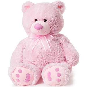 Joon Big Teddy Bear - Fluffy Fur, Ribbon & Bow Signature Footprints- Huggable & Lovable Joy - Ideal Gift For Baby Showers, Loved Ones - Perfect Big Cuddly Plush Toy Companion, 28 Inches, Pink