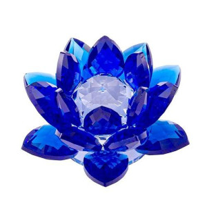 Amlong Crystal 3 Inch Sapphire Blue Crystal Lotus Flower Feng Shui Home Decor With Gift Box