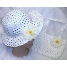 Sunspecs White Easter Hat Spring Hat White Flower Tea Party W/Matching Handbag