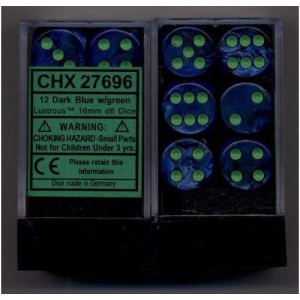 Chessex Dice D6 Sets: Lustrous Dark Blue With Green Pips - 16Mm Six Sided Die (12) Block Of Dice