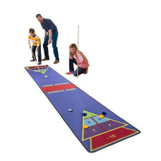 Shuffle Zone Play Carpet, Indoor Outdoor Shuffleboard Game For Kids, 2 Wooden Cues, 10 Wooden Pucks, Fun Strategy Game, 2.25'W X 12'L