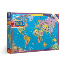 Eeboo: World Map 100 Piece Puzzle, Provides Wanderlust To All Ages, 100 Glossy Pieces That Fit And Snap Together With Ease, Includes A Legends And Icons Glossary, Perfect For Ages 5 And Up
