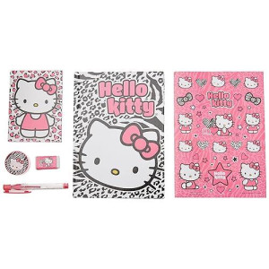Hello Kitty Stationery Set In Clear Binder Pouch 6 Pcs Set (Journal, Memo Pad, Stickers, Eraser, Sharpener And Gel Pen)