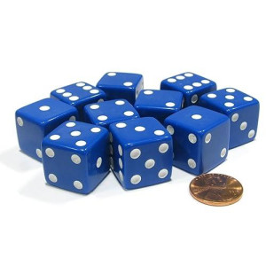 Set Of 10 Large Six Sided Square Opaque 19Mm D6 Dice - Blue With White Pip Die