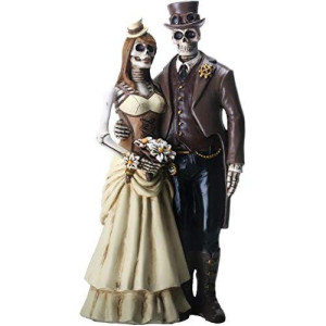 YTC 8 Inch Steampunk Skeleton Wedding Couple Statue Figurine, Brown