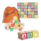 Skoolzy ABC Wooden Blocks for Toddlers - 30 Wood Alphabet Blocks - Montessori Stacking Letter Preschool Learning Toys - Kindergarten Reading with Travel Tote