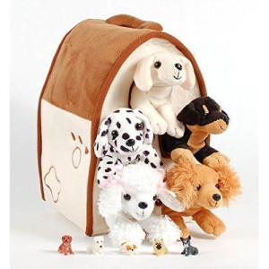 Sfs Gift Bundle Unipak 12" Plush Dog House Carrying Case With 5 Stuffed Animal Dogs (Dalmatian, Yellow Labrador Retriever, Rottweiler, Poodle, And Cocker Spaniel) + 5 Cute Mini Puppy Figures
