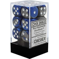 chessex Manufacturing 26623 D6 cube gemini Set Of 12 Dice- 16 mm - Blue & Steel With White Numbering
