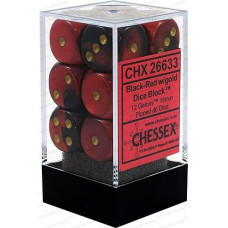 chessex Manufacturing 26633 D6 cube gemini Set Of 12 Dice- 16 mm - Black & Red With gold Numbering