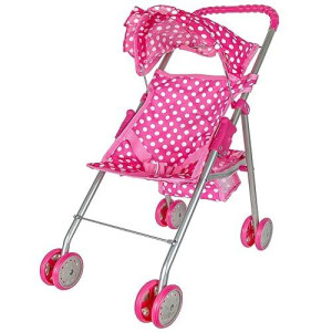 Precious Toys Baby Doll Stroller, Pink & White Polka Dots Baby Stroller For Dolls, Foldable With Hood And Basket, Toy Stroller For Baby Dolls, Doll Strollers For Girls 2 Years Old And Older, Toddlers