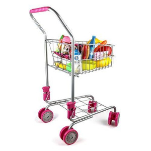Click N� Play Kids Shopping Cart With Food, Play Grocery Cart For Kids With 23 Pieces, Toddler Shopping Cart - Fits 18 Inch Baby Dolls, Smooth Rolling Wheels, Folds For Easy Storage, Pink & Black