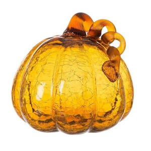 glitzhome Hand Blown Amber Crackle Glass Pumpkin for Fall and Home Decor 6.69 inches