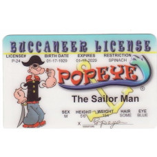 Popeye The Sailor Man Buccaneer Novelty Drivers License / Fake I.D. Identification For Popeye And Friends Fans