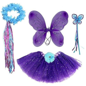 Enchantly Girls Dark Purple & Teal Fairy Set With Wings, Fairy Wand And Satin Ribbon Halo