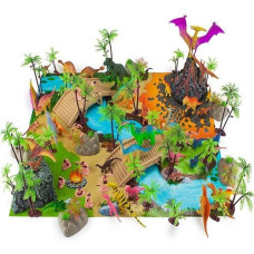 Prehistoric Playset, 100 Pieces - Jurassic Dinosaurs And Cave Men - Mini Dino Figure Bundle Kit With Play Mat, Storage Container, Volcano, Bridges, Plants & Educational Booklet - Toys & Games For Kids