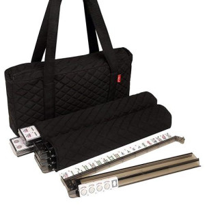 Linda Li American Mah Jongg Set Black Quilted Soft Bag - 166 White Engraved Tiles, 4 All-In-One Rack/Pushers