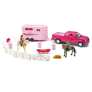 New Ray Pink Pick Up Truck & Trailer Horse Set