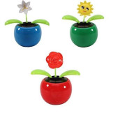 Set Of 3 Dancing Flowers ~ 1 Lily+1 Smiley Sunflower+ 1 Rose In Assorted Colorful Pots Solar Toy Holiday Birthday Gift Home Decor