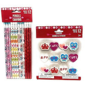 Valentines Day Themed Pencils And Erasers - 12 Count Each