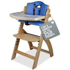 Abiie Beyond Junior Wooden High Chair With Tray - Convertible Baby Highchair - Adjustable High Chair For Babies/Toddlers/6 Months Up To 250 Lbs - Stain & Water Resistant Natural Wood/Blue Cushion