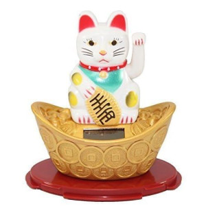 A White Beckoning Fortune Cat Japanese Oriental Solar Toy Housewarming Gift H...