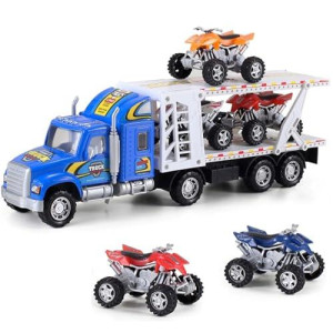 Auto Hauler Big Rig Toy Semi Truck Car Carrier Transporter Trailer 1:48 Scale Friction Powered Wheeler Vehicle With 4 Atvs Dirt Bike (Assorted Colors)