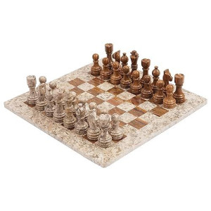 Radicaln Marble Chess Set 15 Inches Fossil Coral And Dark Brown Handmade Board Game Chess Sets For Adults - Travel Chess Game Set For 2 Player - 1 Chess Board & 32 Chess Pieces