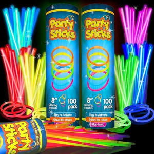 Partysticks Glow Sticks Party Supplies 200Pk - 8 Inch Glow In The Dark Light Up Sticks Party Favors, Glow Party Decorations, Neon Party Glow Necklaces And Glow Bracelets With Connectors