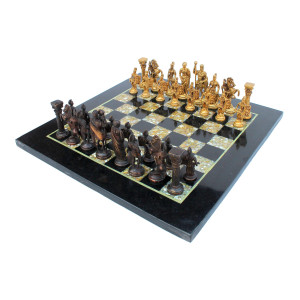 Stonkraft - 15 X 15 Non-Folding Professional Tournament Flat Collectible Chess Game Board Set - Black Marble And (Mop) Mother Of Pearl + Roman Brass Chess Pieces