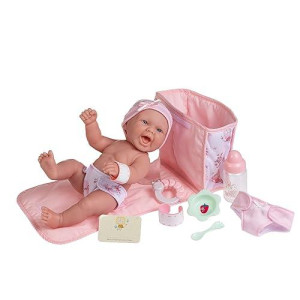 10 Piece Deluxe Diaper Bag Gift Set Feat. 13 Realistic Smiling Baby Newborn Doll La Newborn - Jc Toys All Vinyl Washable Ages 2+, Pink