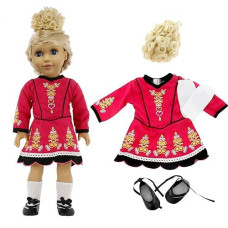 Irish Step Dancing Doll Outfit (4 Piece Set) - Clothes For American Girl & 18 Dolls - Includes Dance Dress, Blonde Hairpiece, Gillies, & Leggings