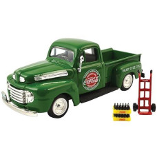 Motor City Classics 1: 43 1948 Ford F1 Green Pickup With 2 Bottle Cases And Hand Cart