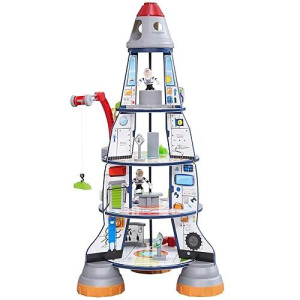 Kidkraft Wooden 3-Section Rocket Ship Play Set With Moving Crane, Astronauts, Aliens And Robots, Gift For Ages 3+