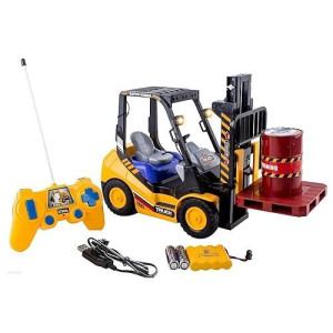 WolVolk 6-Channel Electric Remote Control Forklift - Functional RC Lighted Fork Lift Toy w/ Pallet, Barrel, Rechargeable Batteries & Charger - Pretend Construction Playset for Kids