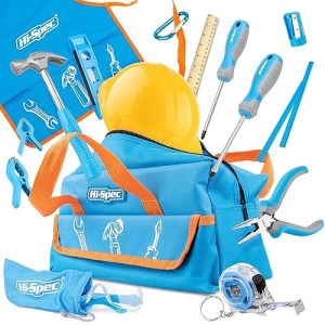 Hi-Spec 18Pc Blue Kids Tool Kit Set & Child Size Tool Bag. Real Metal Hand Tools For Diy Building, Woodwork & Construction